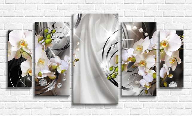 Модульная картина, Белые орхидеи на сером фоне, 108 х 60