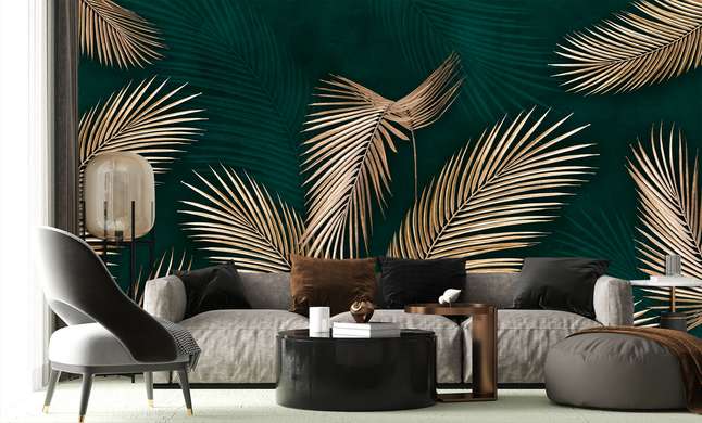 Фотообои - Золотые листья пальм на темно зеленом фоне