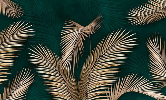 Фотообои - Золотые листья пальм на темно зеленом фоне