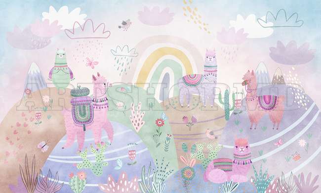 Wall Mural - Colorful Lamas in fairytale and rainbow