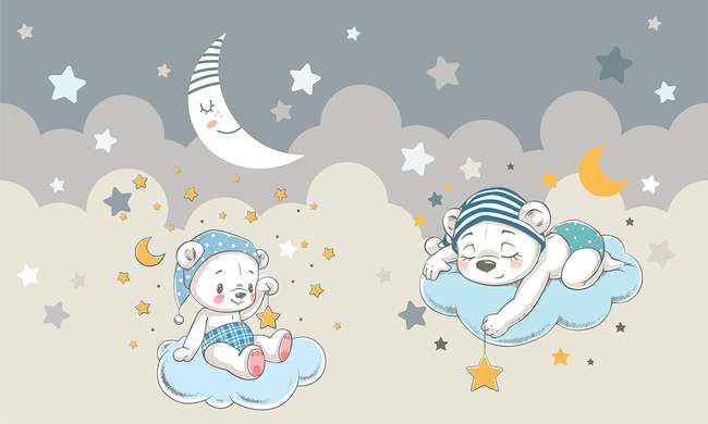 Фотообои - Белая луна на фоне синего неба со звездами и милые мишки