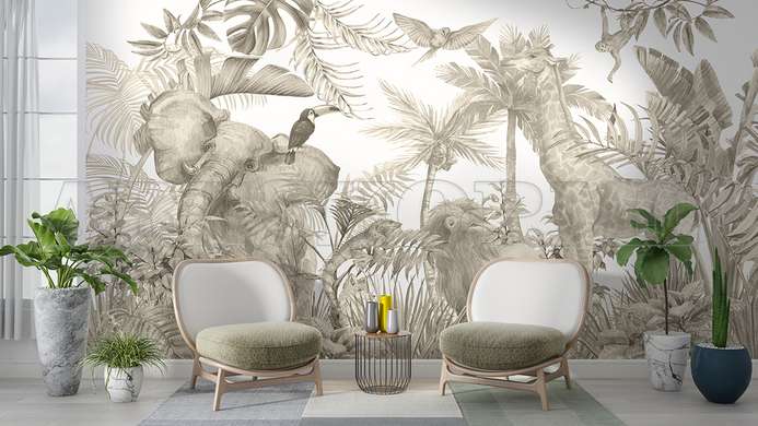 Wall mural - Animals and jungle in sepia style