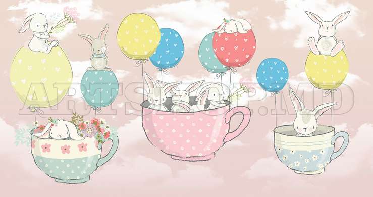 Nursery Wall Mural - Cute bunnies with balloons on a pink background