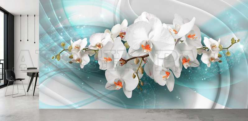 Wall Mural - White orchids on a blue abstraction