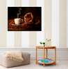 Poster - Cup of coffee with coffee beans on a brown background, 90 x 60 см, Framed poster, Food and Drinks