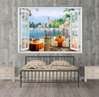 Wall Decal - Window overlooking a terrace overlooking a mountain town, Window imitation