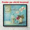 Постер - Ваза с белыми цветами на голубом фоне, 100 x 100 см, Постер в раме, Прованс
