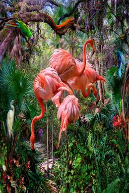 Постер, Фламинго в джунглях, 30 x 45 см, Холст на подрамнике, Животные
