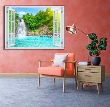 Wall Sticker - Window overlooking the cascade surrounded by green trees, Window imitation