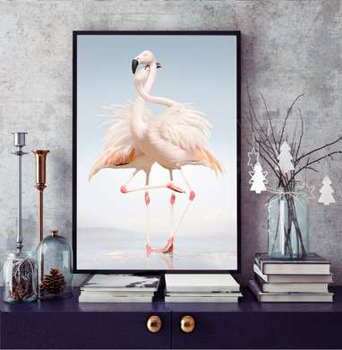 Постер - Два нежно розовых фламинго, 30 x 45 см, 30 x 60 см, Холст на подрамнике, Минимализм