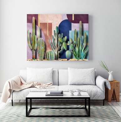 Poster - Green cacti on a colorful background, 90 x 60 см, Framed poster, Botanical