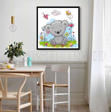 Постер - Мишка Тедди сидит в кустах, 100 x 100 см, Постер на Стекле в раме, Для Детей