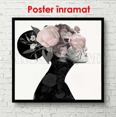 Poster - Fată cu flori, 40 x 40 см, Panza pe cadru, Alb Negru
