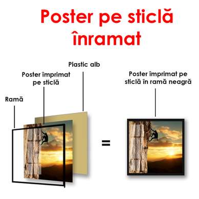 Poster - Rock climber on the background of the sunset, 100 x 100 см, Framed poster on glass, Nature