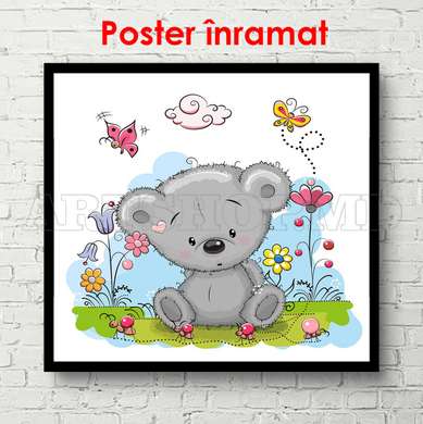 Poster - Ursulețul Teddy stă în tufișuri, 100 x 100 см, Poster inramat pe sticla, Pentru Copii