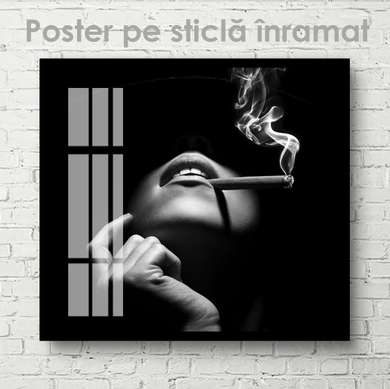 Poster - Girl with a cigarette, 100 x 100 см, Framed poster on glass, Black & White
