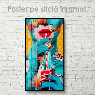 Постер - Девушка с газировкой, 45 x 90 см, Постер на Стекле в раме, Гламур