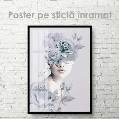 Постер - Венок из нежно голубых цветов, 60 x 90 см, Постер на Стекле в раме, Черно Белые