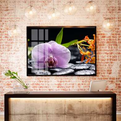 Постер - Фиолетовая орхидея на камнях, 90 x 60 см, Постер в раме, Цветы