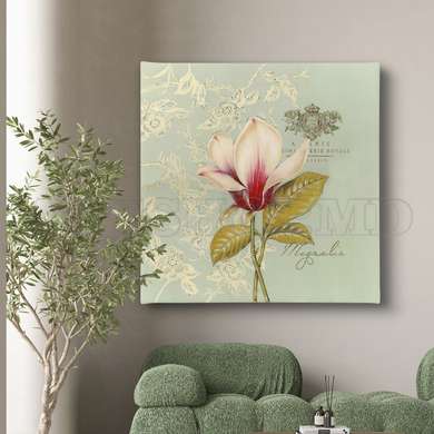Poster - Delicate magnolia flower on a blue background, 100 x 100 см, Framed poster on glass, Provence