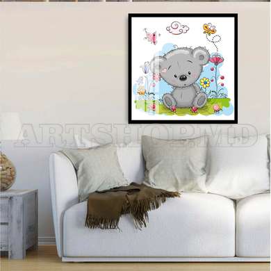 Poster - Teddy bear sits in the bushes, 100 x 100 см, Framed poster on glass, For Kids