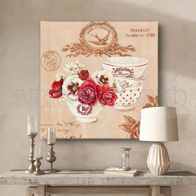 Постер - Розовые цветы в вазе на столе на фоне розовых обоев, 100 x 100 см, Постер в раме, Прованс