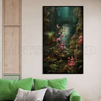 Poster - The path through the depths of the forest, 45 x 90 см, Framed poster on glass, Botanical