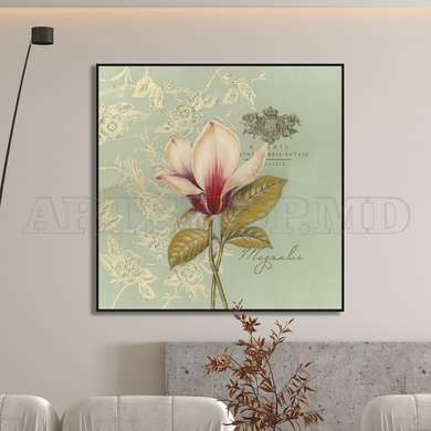 Poster - Delicate magnolia flower on a blue background, 100 x 100 см, Framed poster on glass, Provence