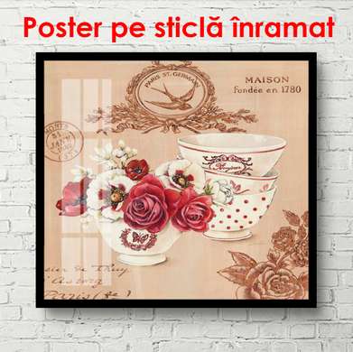 Poster - Pink flowers in a vase on the table against the backdrop of pink wallpaper, 100 x 100 см, Framed poster, Provence