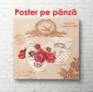 Постер - Розовые цветы в вазе на столе на фоне розовых обоев, 100 x 100 см, Постер в раме, Прованс