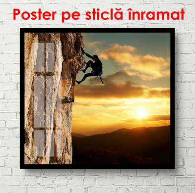 Poster - Rock climber on the background of the sunset, 100 x 100 см, Framed poster on glass, Nature