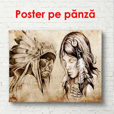 Постер - Фотография индейцев на бежевом фоне, 90 x 60 см, Постер в раме, Винтаж