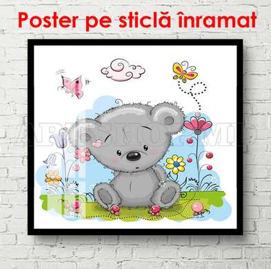 Poster - Teddy bear sits in the bushes, 100 x 100 см, Framed poster on glass, For Kids