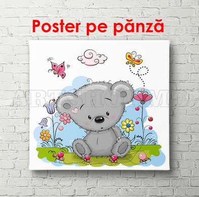 Постер - Мишка Тедди сидит в кустах, 100 x 100 см, Постер на Стекле в раме, Для Детей