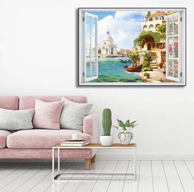 Wall Decal - Window with city view on the water and boats, Window imitation