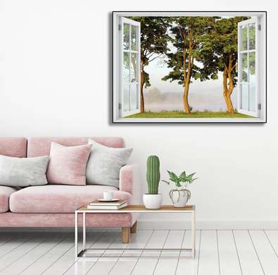 Наклейка на стену - Окно с видом на три дерева, Имитация окна, 130 х 85