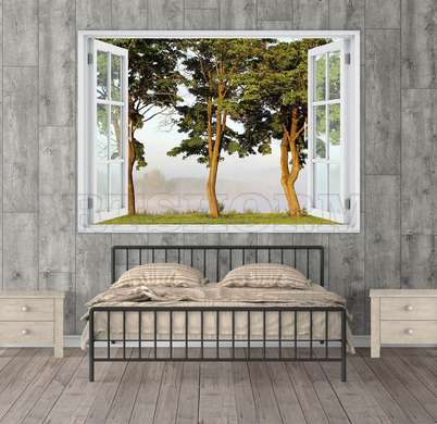 Наклейка на стену - Окно с видом на три дерева, Имитация окна, 70 х 50