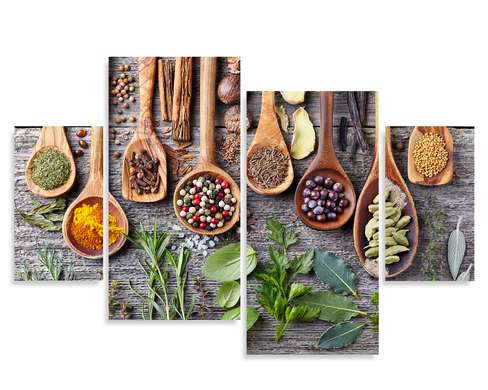 Modular picture, Fragrant herbs and spices in wooden spoons