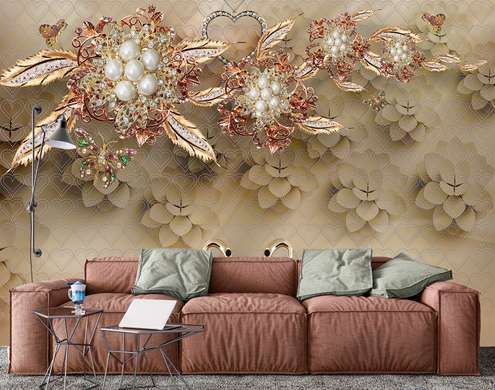 Wall Mural - Golden flowers from a brooch and golden swans