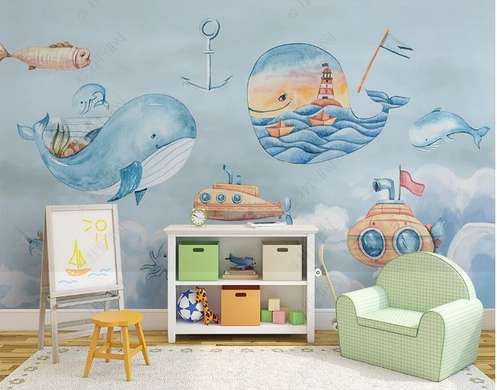 Wall mural for the nursery - Underwater world with whales