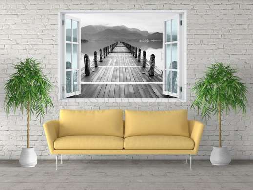 Stickere pentru pereți - Fereastra cu vedere spre un pod alb-negru, Imitarea Ferestrei, 130 х 85