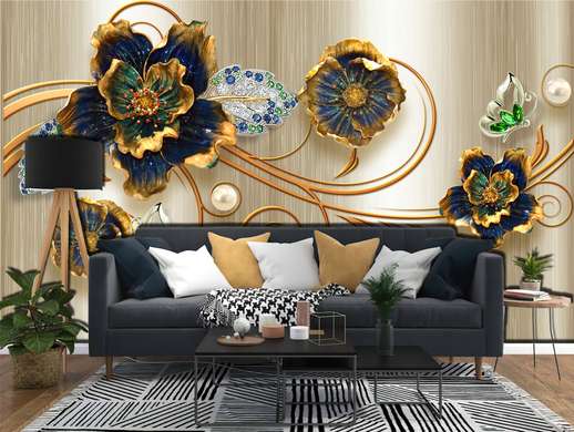 Photo wallpaper, 3D flowers on a golden background