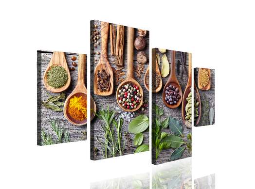 Modular picture, Fragrant herbs and spices in wooden spoons