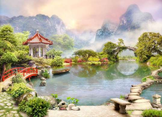 Poster - Chinese landscape near the lake, 90 x 60 см, Framed poster, Nature