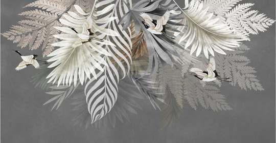 Модульная картина, Бежевые листья и птицы на сером фоне, 108 х 60