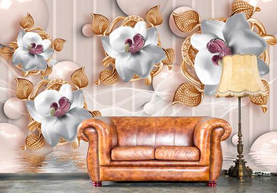 Wall Mural - White porcelain flowers on a beige background