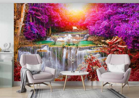 Wall mural - The waterfall, the sunset and the multicolored trees