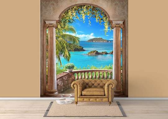 Photo wallpaper with an arched balcony and a beach landscape.