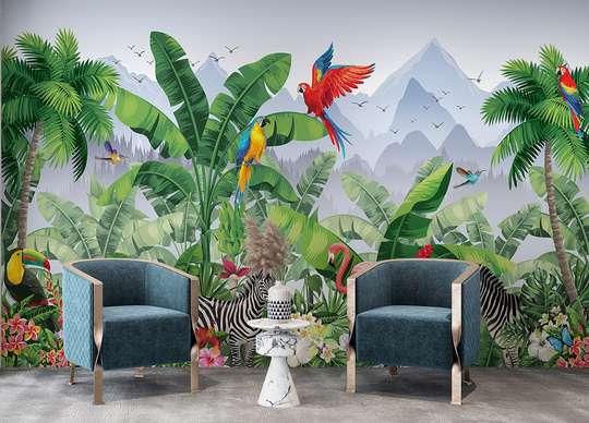 Wall mural - Tropical jungle with animals and mountains