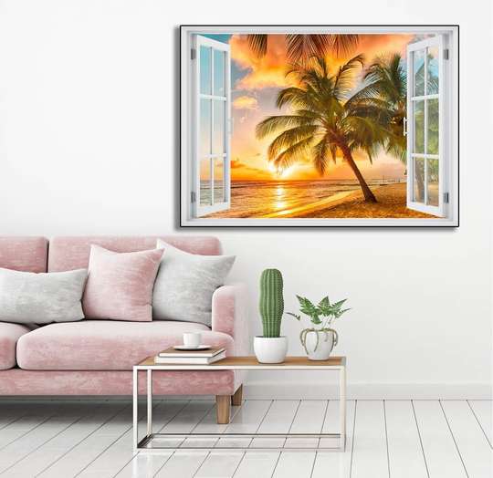 Наклейка на стену - 3D-окно с видом на море на закате, 130 х 85